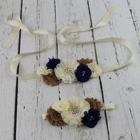 Navy Flower Girl Sash Navy flower girl Headband Navy Rustic Etsy