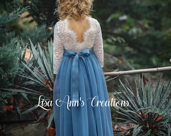 Dusty Blue Flower Girl Dress Boho Flower Girl Junior Bridesmaid Dress Tulle Flower Girl Lace Flower Girl Long Sleeve Flower Girl Dress