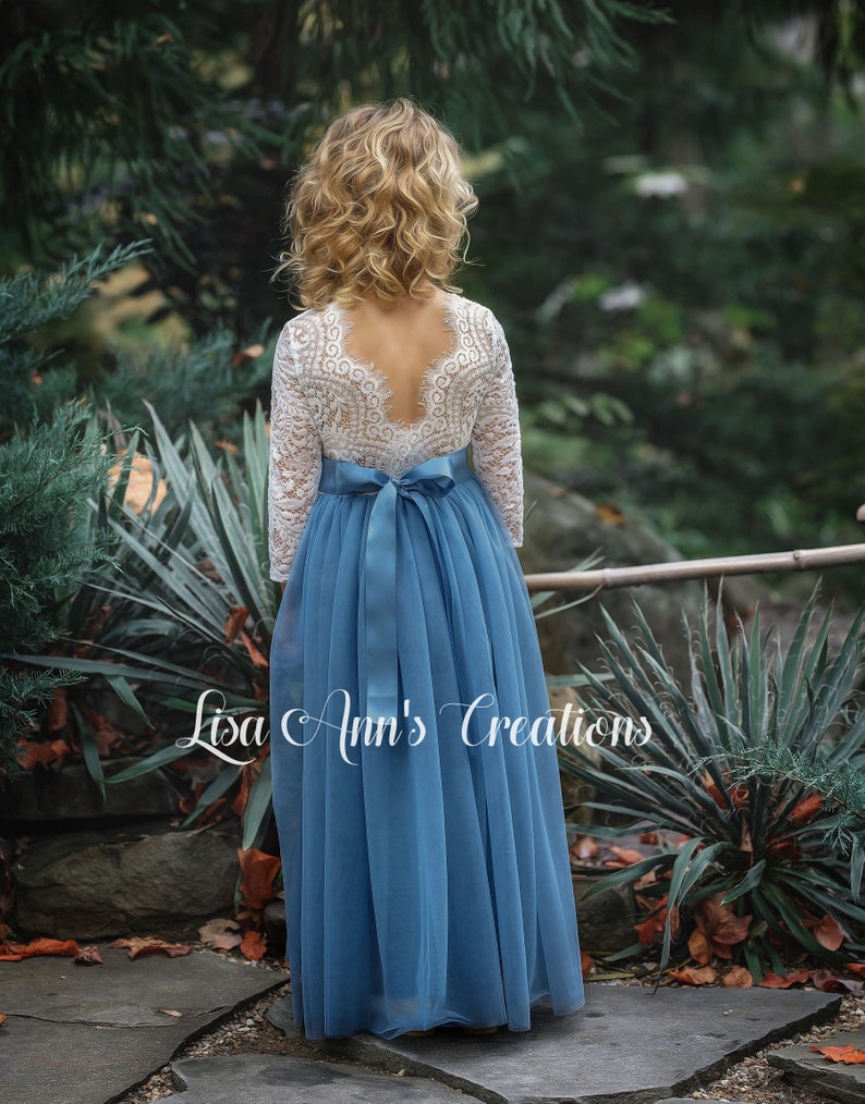 Flower Girl dress in dusty blue tulle with white lace bodice top