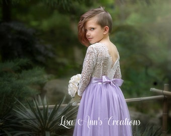 Lavender Flower Girl Dress Spring Flower Girl Easter Dress Toddler Girls Birthday Dress Tulle Junior Bridesmaid Dress Long Sleeve Dress