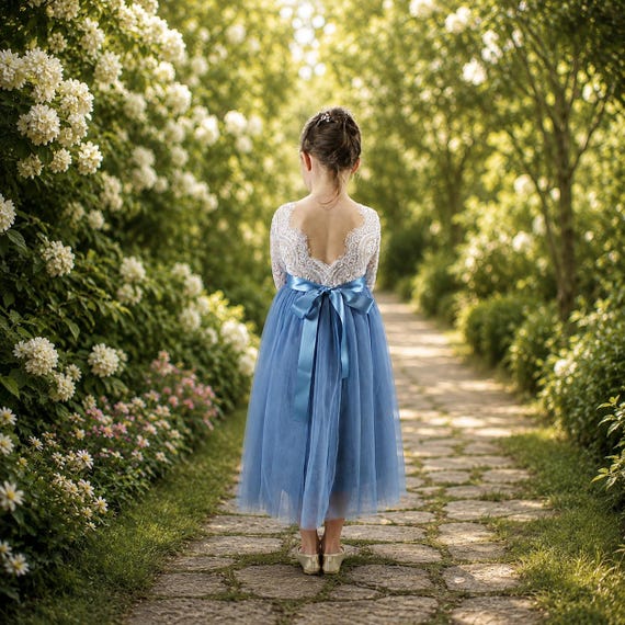dusty blue childrens bridesmaid dresses Flower Girl Dress Boho Flower Girl Junior Dress Tulle Flower Girl Lace Flower Girl Long Sleeve Flower Girl Dress junior bridesmaids