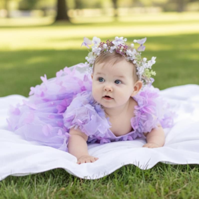 First birthday baby girl lavender butterfly dress with puffy short sleeves and built in romper/ bodysuit dress.