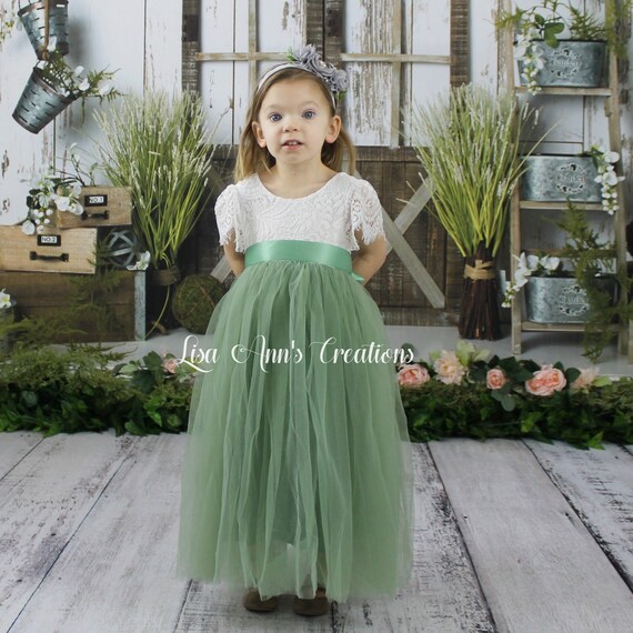 Flower Girl Dress Sage Tulle Junior Bridesmaid Dress Lace Etsy
