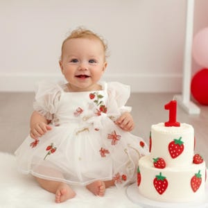 This enchanting strawberry birthday dress features exquisite, embroidered tulle adorned with strawberries, delicate bows, and a whimsical cake motif. The word "Strawberry" is beautifully embroidered throughout, creating a cohesive themed design perfect for first birthdays and milestone celebrations.