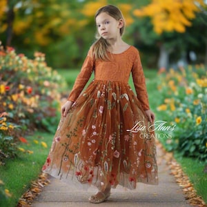 Flower Girl Dress, Burnt Orange Flower Girl, Floral Flower Girl Dress, Rustic Flower Girl Dress, Toddler Flower Girl, Long Sleeve Dress