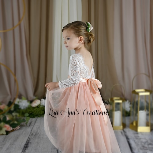 Light Peach Flower Girl Dress Tulle Lace Rustic Short Sleeve Etsy