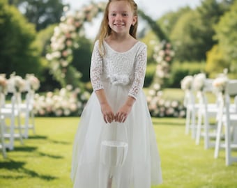White Flower Girl Dress: Long Sleeve Lace, Tulle, Boho All White
