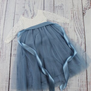 dusty blue flower girl dress in long sleeve white lace