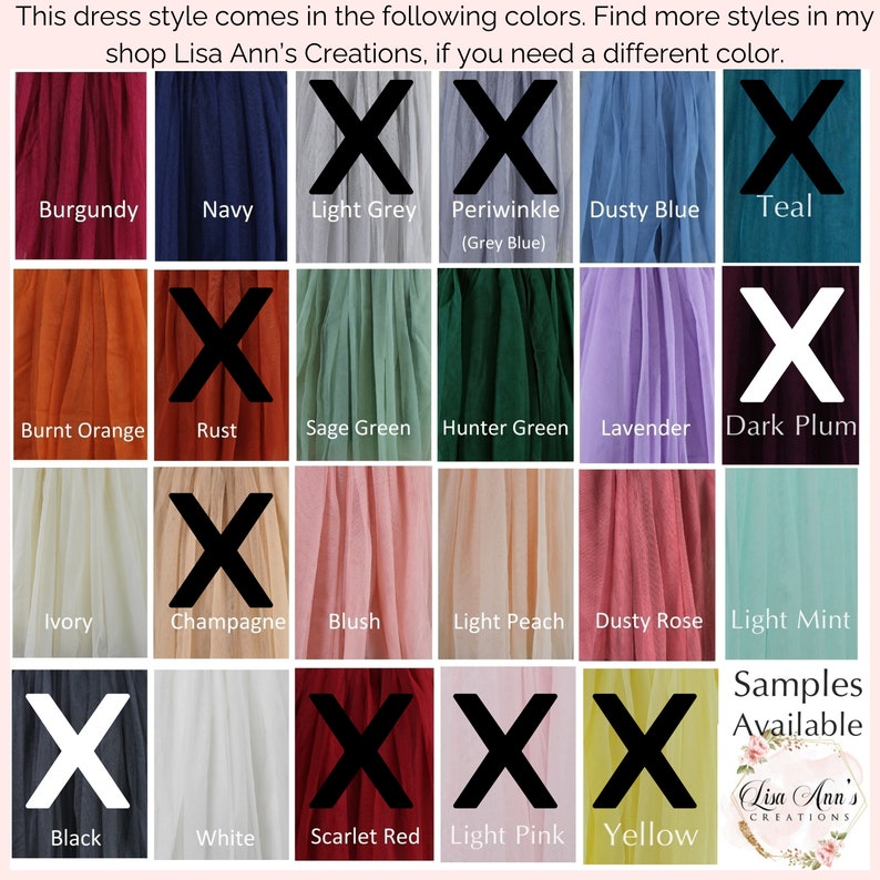 May include: A color chart for a dress style, featuring swatches in various colors like burgundy, navy, light grey, and dusty blue. The text reads "This dress style comes in the following colors." and "Samples Available."