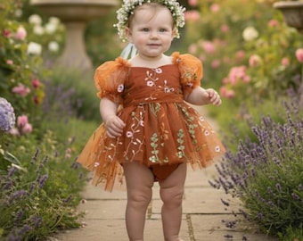 Baby Flower Girl Dress Burnt Orange Floral Flower Girl Dresses Fall Flower Girl Dress Embroidery 1st Birthday Short Sleeve Dress
