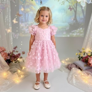 Girls Birthday Dress Pink Butterfly Toddler Dress Fairy Birthday Outfit Short Sleeve Party Dress