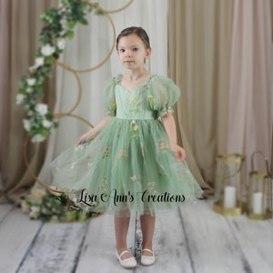 Flower Girl Dress, Fairy Dress, Sage Embroidery Dress, Girls Floral Dress, Spring Flower Girl, Junior Bridesmaid Birthday Short Sleeve Dress