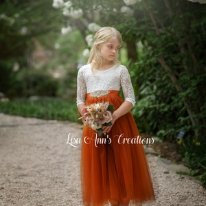 Burnt Orange Flower Girl Dress Bohemian Flower Girl Tulle Flower Girl Junior Bridesmaid Dress Lace Flower Girl Long Sleeve Flower Girl Dress