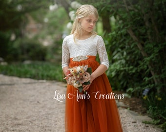 Burnt Orange Flower Girl Dress Bohemian Flower Girl Tulle Flower Girl Junior Bridesmaid Dress Lace Flower Girl Long Sleeve Flower Girl Dress