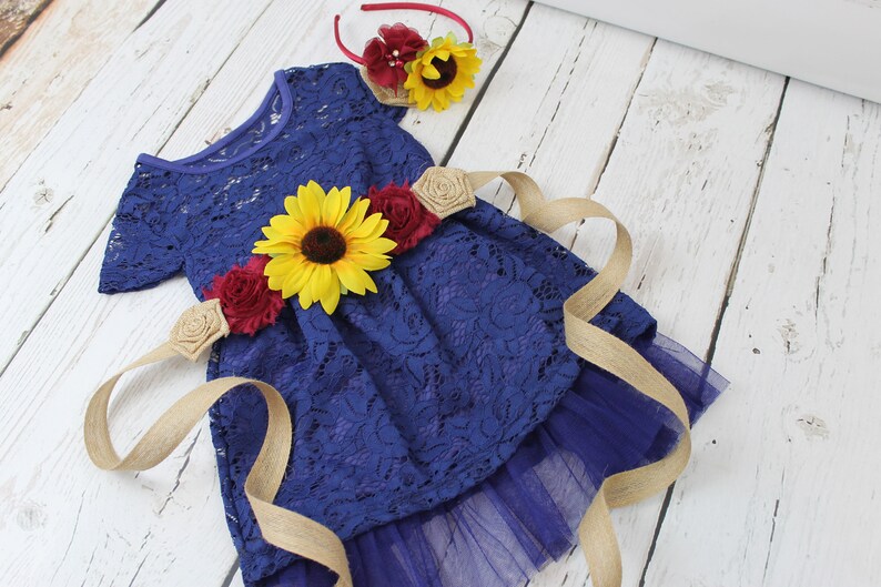 Navy Flower Girl Robe Tournesol Rustique Fleur Fille Robe ...