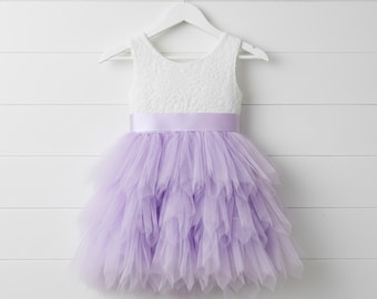 Flower Girl Dress Lavender Tulle Toddler Spring Dress Sleeveless Lace Knee Length Tiered Dress
