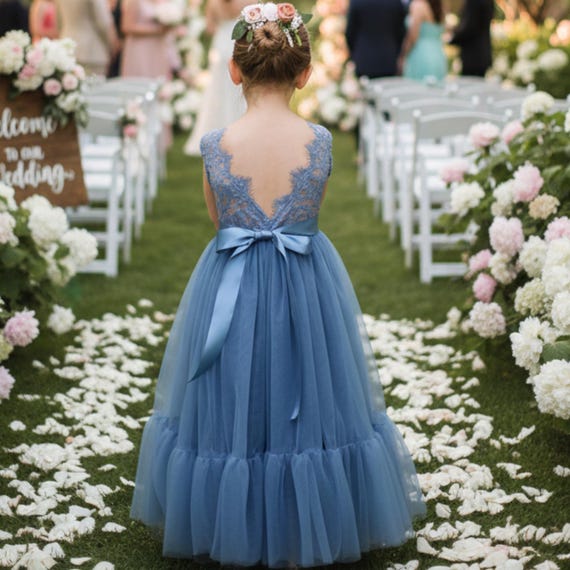 Dusty Blue Flower Girl Blue Flower Girl Dress Junior Bridesmaid Mermaid Style Dress Boho Flower Girl Sleeveless Dress
