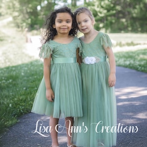 Sage Flower Girl Dress Toddler Special Occasion Dress Knee and Full Length Short Sleeve Flower Girl Dress