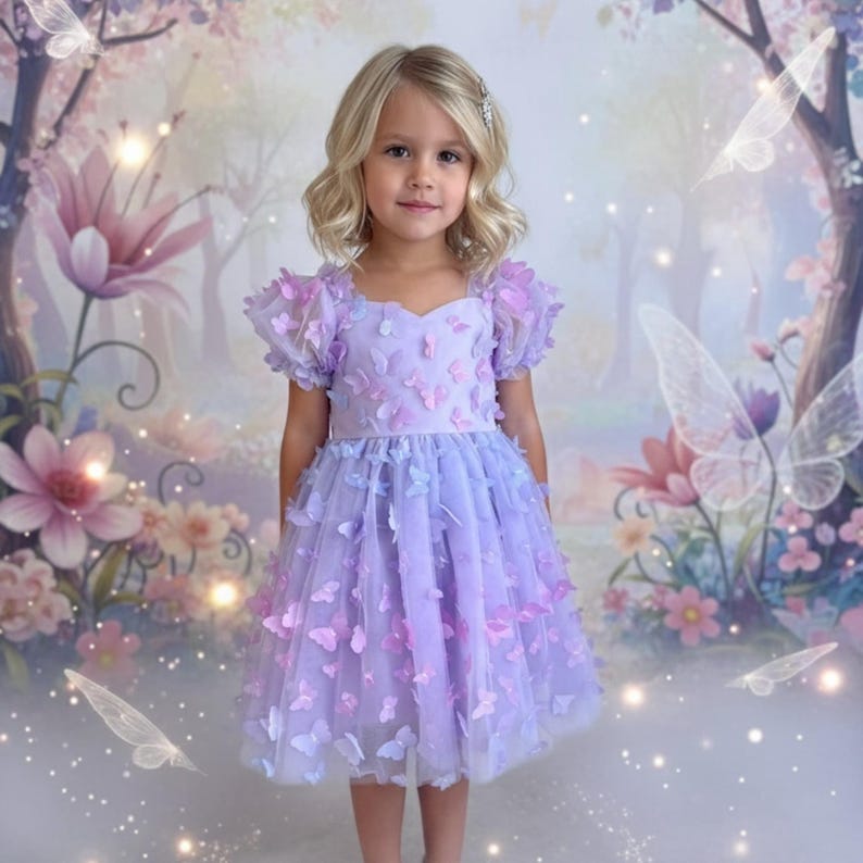 May include: A lavender dress featuring short puff sleeves and a sweetheart neckline, adorned with numerous three-dimensional butterfly appliqu&eacute;s in shades of pink, purple, and blue, with a full, layered skirt that falls to the knee.