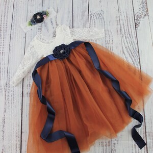 flower girl dress burnt orange tulle and navy blue sash