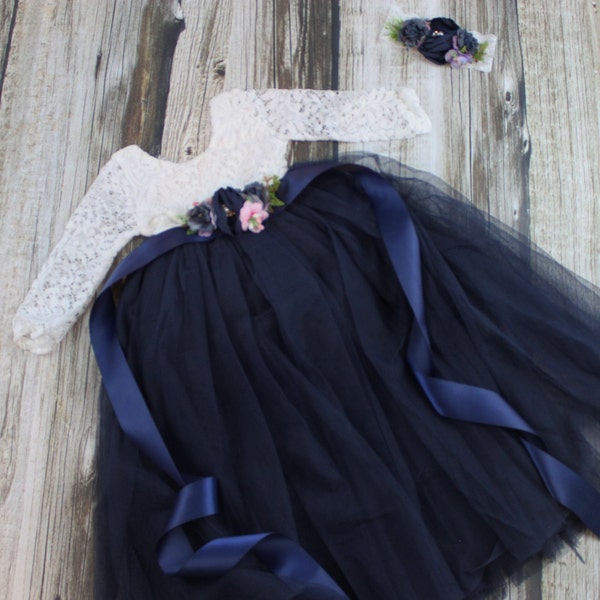 Flower Girl Dress Navy Blue Flower Girl Dresses Rustic Flower Girl Toddler Flower Girl Tulle Flower Girl Junior Bridesmaid Long Sleeve Dress