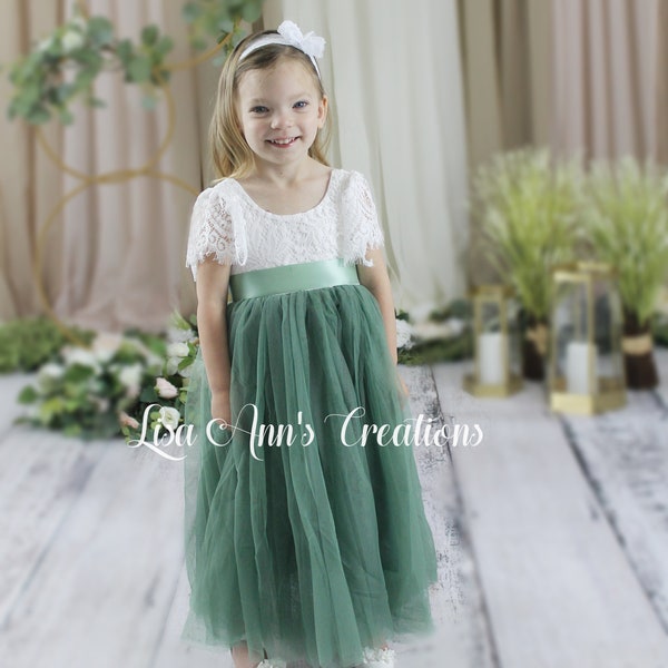 Flower Girl Dress Sage Green Flower Girl Dress Tulle Flower Girl Lace Flower Girl 1st Birthday Dress Short Sleeve Flower Girl Dress