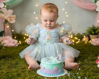 First Birthday Dress Baby Girl Fairy First Birthday Light Blue Floral Baby 1st Birthday Dress 1st bday Short Sleeve First bday Dress