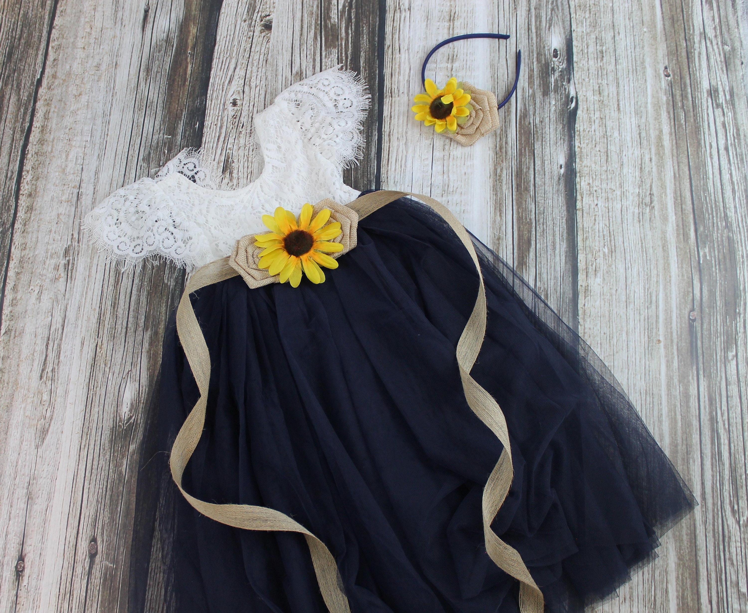Sunflower Flower Girl Dress Navy Tulle Flower Girl Dress Short Etsy
