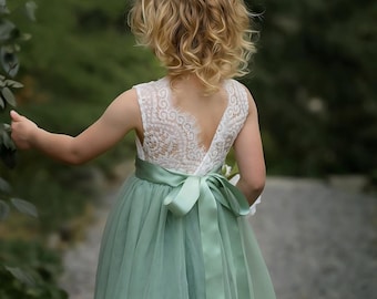 Flower Girl Dress Sage Green Flower Girl Boho Flower Girl Summer Flower Girl Rustic Junior Bridesmaid Lace Tulle Dress Sleeveless Dress