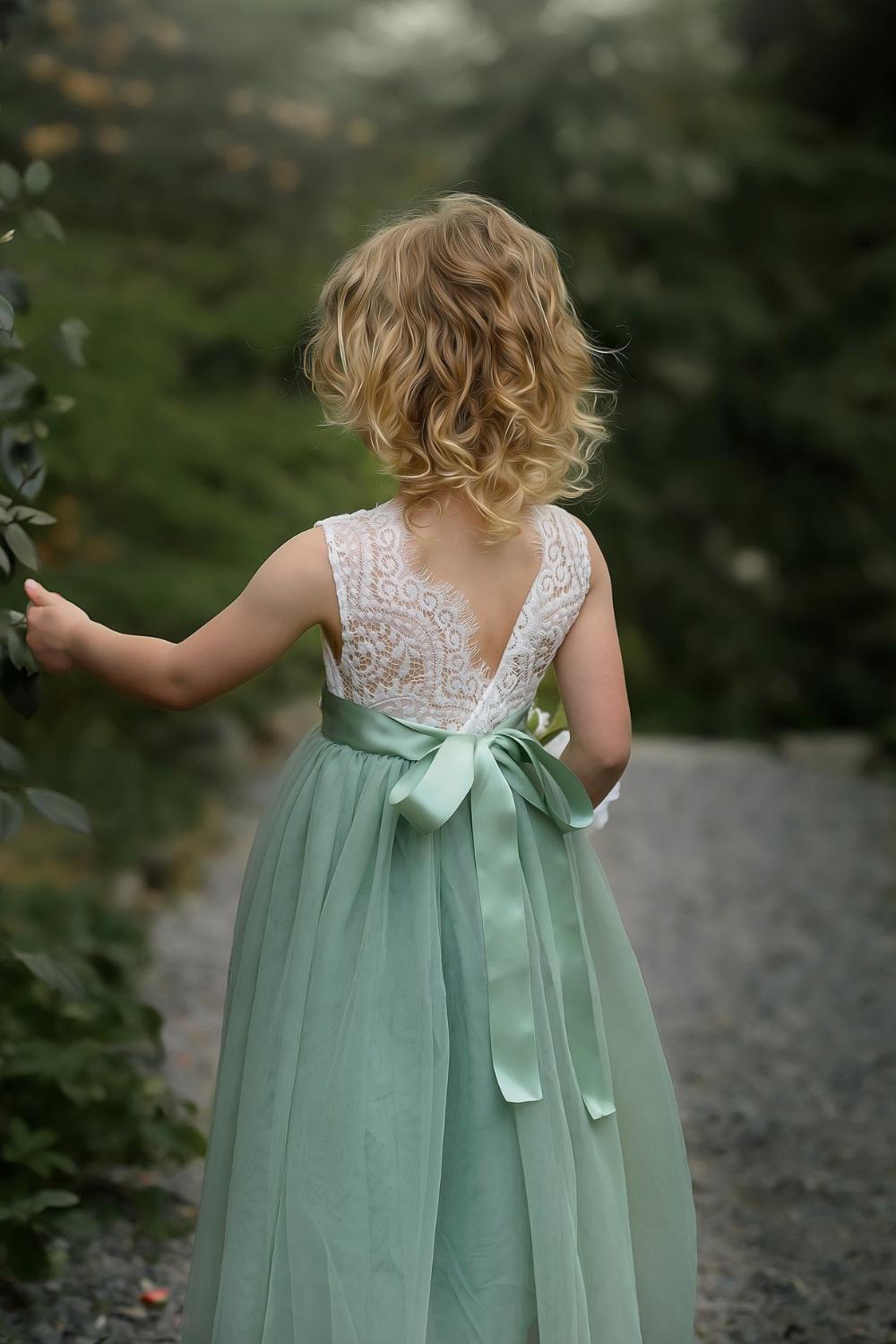 sage green flower girl dress Sleeveless Full Length Tulle Gown Made from matte satin and tulle Flower Girl Dress Sage Green