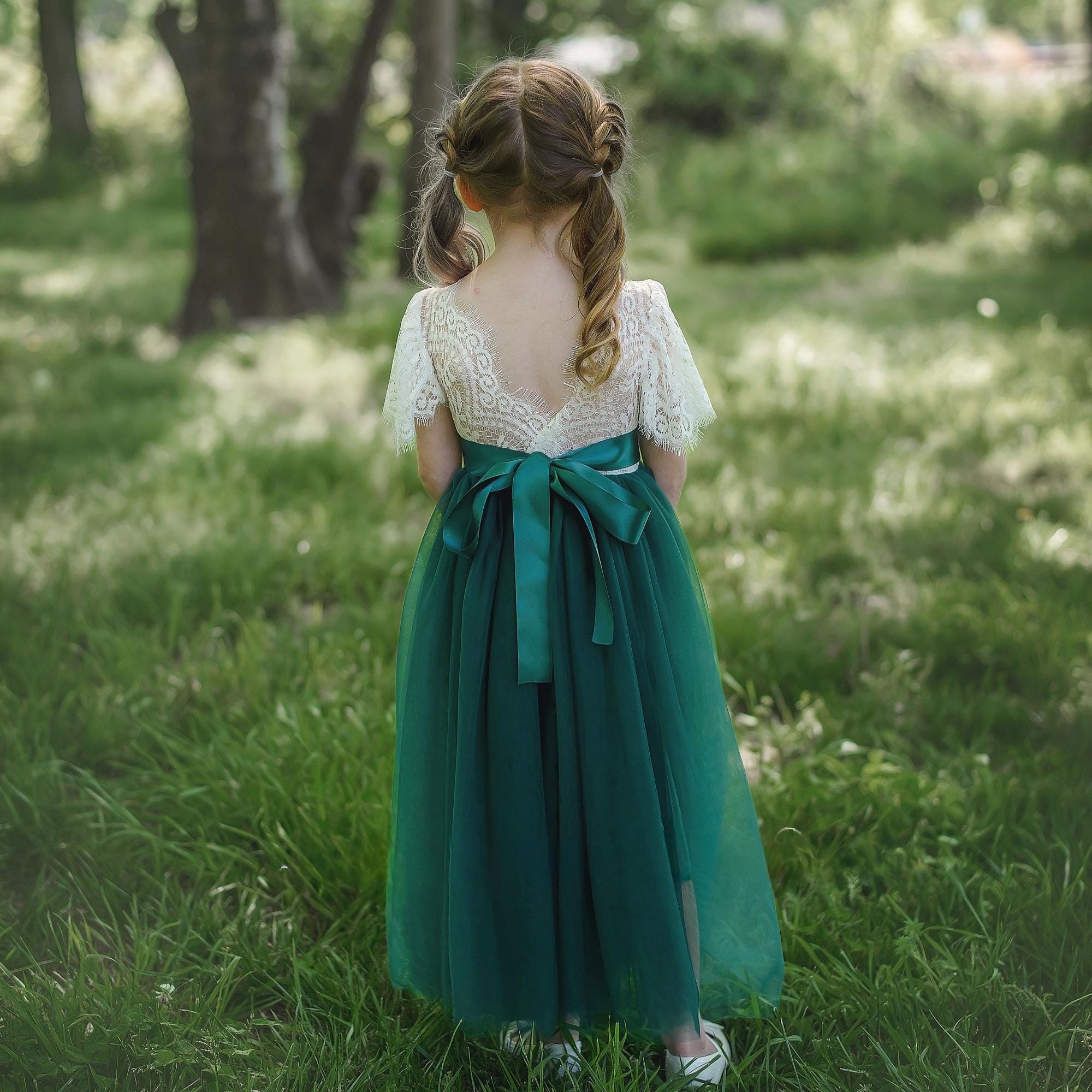 hunter green flower girl dress Hunter Green Flower Girl Dress Boho Flower Girl Tulle Flower Girl Junior Bridesmaid Birthday Lace Flower Girl Sleeveless Flower Girl Dress