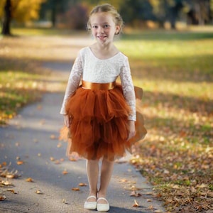 Flower Girl Dress Burnt Orange Flower Girl Dresses Toddler Flower Girl Dress Orange Baby Girl Flower girl Dress Long Sleeve Tiered Dress