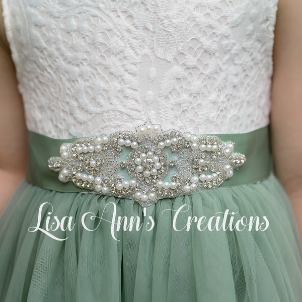 Flower Girl Dress Satin Rhinestone Sash & Headband Brides Wedding Belt Jr Junior Bridesmaid Sash