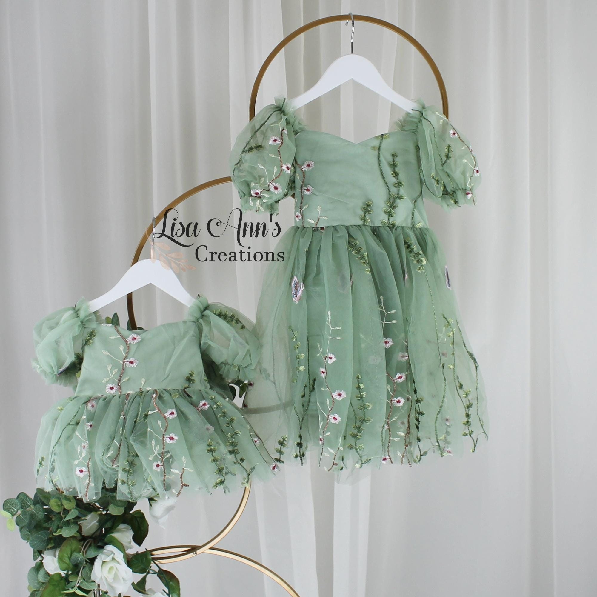 Flower Girl Dress Sage Flower Girl Dresses Sage Green Flower Girl Dress Floral Embroidery Dress Fairy Dress Baby Birthday Short Sleeve Dress
