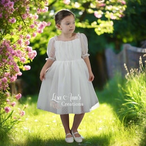 Flower Girl Dress All White Girls Party Dress, Toddler Flower Girl, Matching Junior Bridesmaid Dresses, Knee Length Swiss Dot Short Sleeve