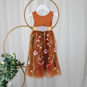 Burnt Orange Flower Girl Dress Floral Flower Girl Dress Fall Girls Special Occasion Dress Toddler Embroidery Dress Bridesmaid Sleeveless