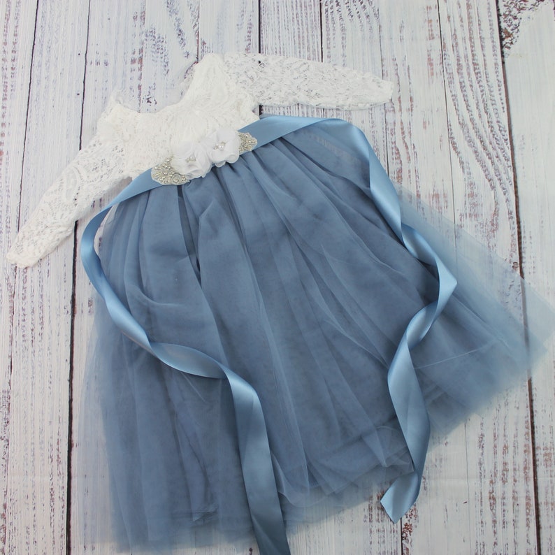long sleeve flower girl dress in dusty blue tulle and white lace
