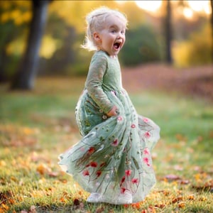 Sage Green Floral Embroidered Flower Girl Dress - Long Sleeve Lace
