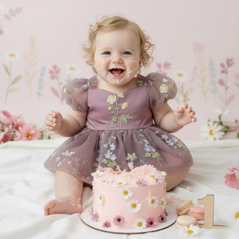 Floral White Baby Girl 1st Birthday Dress Wildflower Birthday Family Pictures Flower Girl Dress Embroidery Special Occasion Short Sleeve image 12