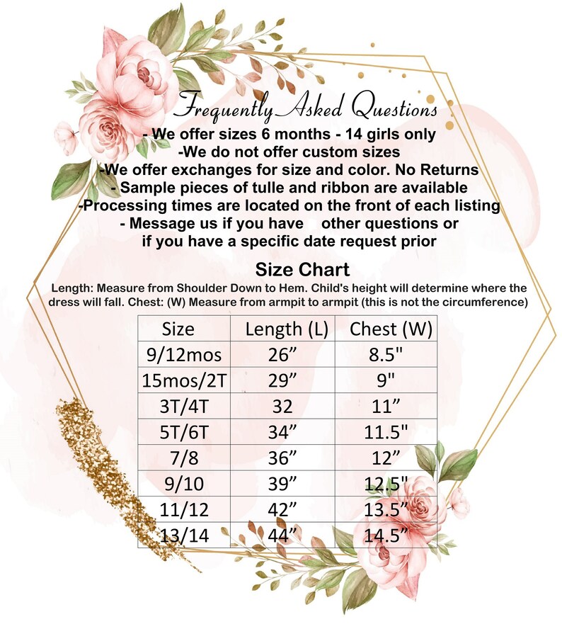 Size chart for girls dresses with measurements for length and chest.