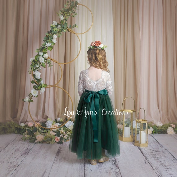 Flower Girl Dress Hunter Green Tulle Lace Bohemian Junior