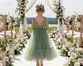 knee length dresses for ladies Sage Green Tea Length Lace Corset Wedding Guest Dress Prom Dress main image 0