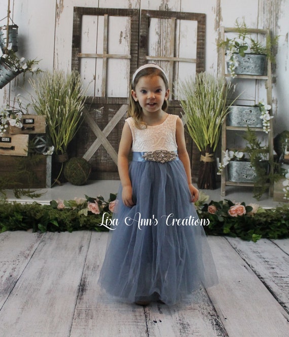 Dusty Blue Flower Girl Dress Lace Tulle 