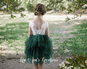 Vestido de niña de flores de tul, vestido de niña de flores verde cazador, vestido de niña de flores de encaje, vestido de niña de flores para niños pequeños, vestido sin mangas escalonado