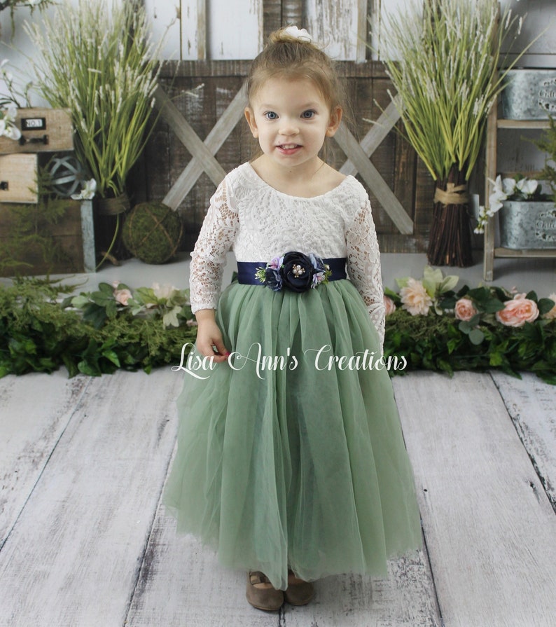 Sage Flower Girl Dress Tulle Junior Bridesmaid Dress Navy Sash image 1