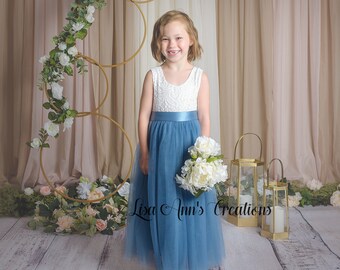 Flower Girl Dress, Dusty Blue Flower Girl Dress,  Tulle Junior Bridesmaid Dress, Boho Dress, Sleeveless Flower Girl Dress