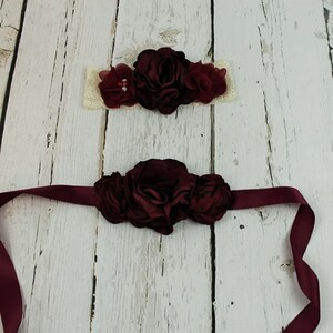 Burgundy Flower Girl Sash  Burgundy Flower Headband Rustic Burgundy Jr Bridesmaid Sash Vintage Sash & Headband