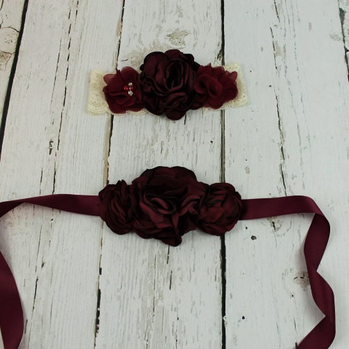 Burgundy Flower Girl Sash Burgundy Flower Headband Rustic Etsy