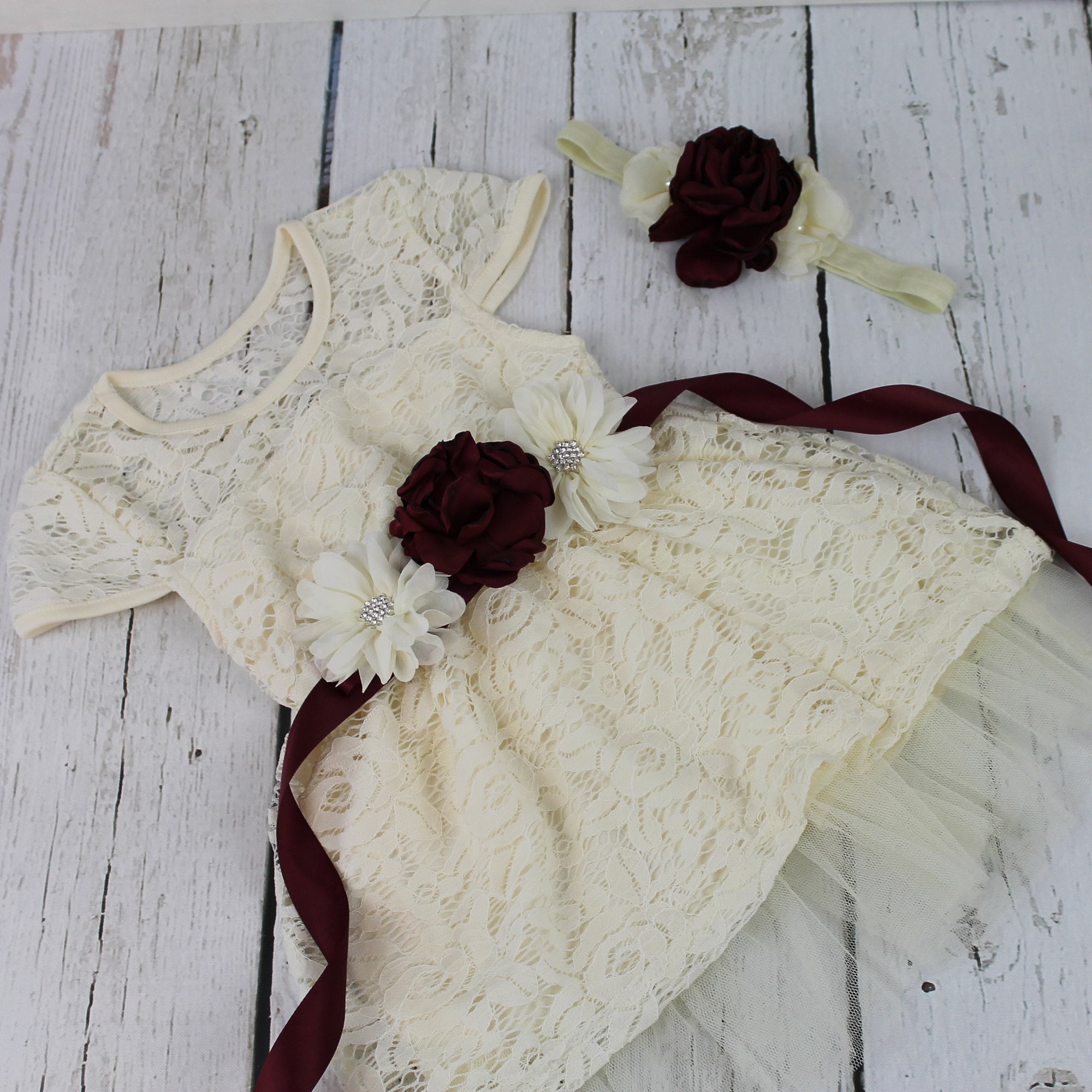 ivory flower girl dress with burgundy sash