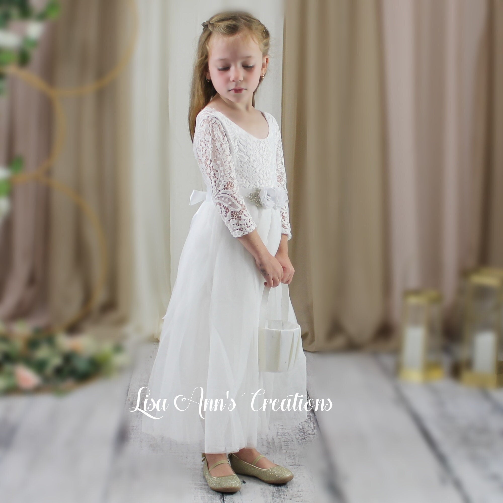 White Flower Girl Dress: Long Sleeve Lace, Tulle, Boho All White